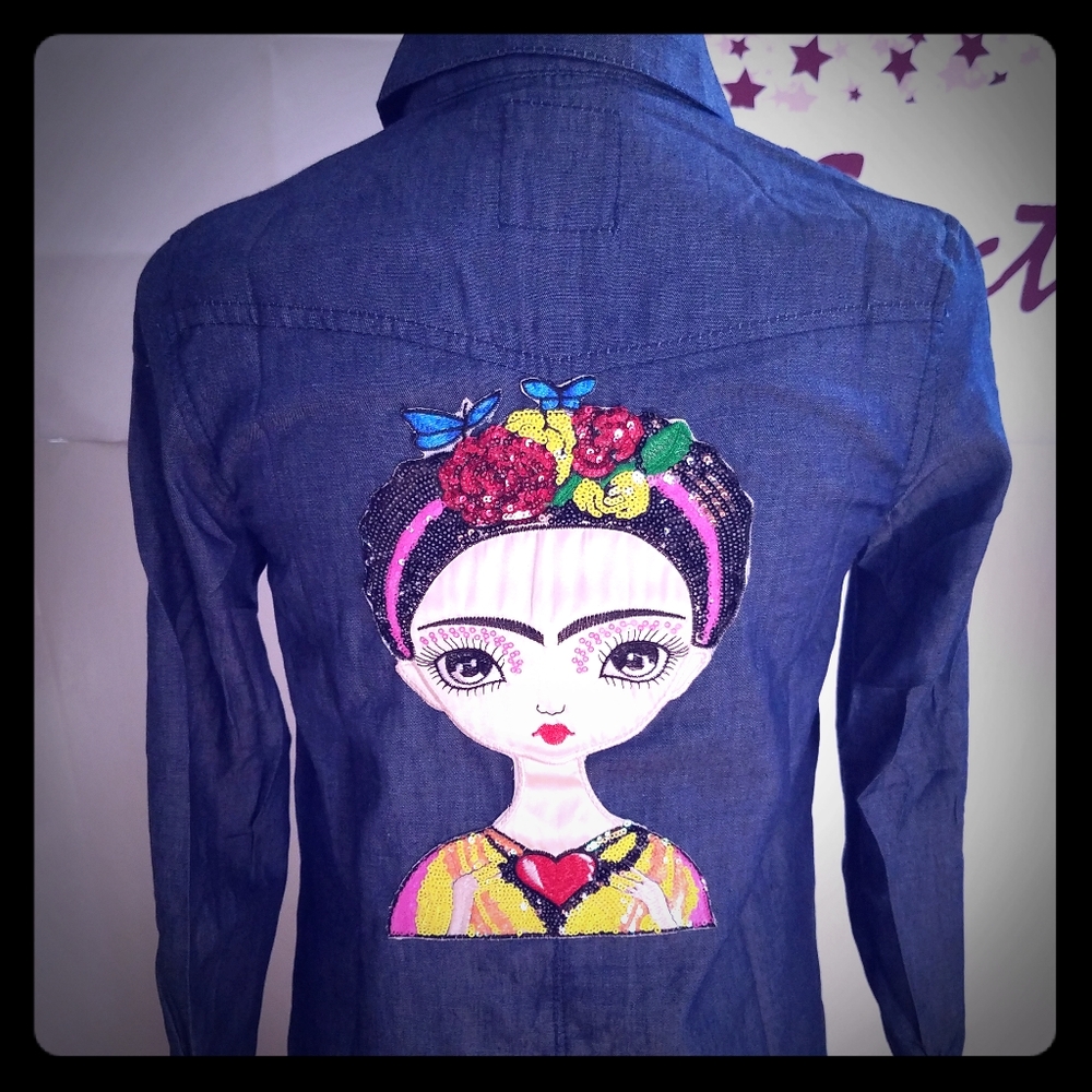 Denim Blouse Frida Kahlo Sequin Long sleeve